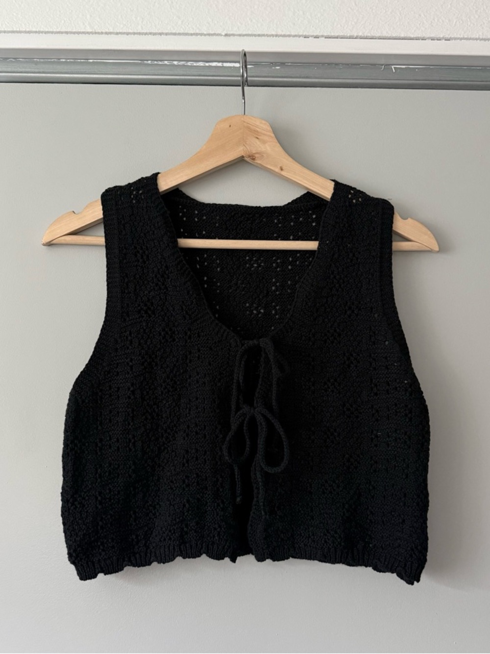 Black Crochet Tie-Front Knit Vest